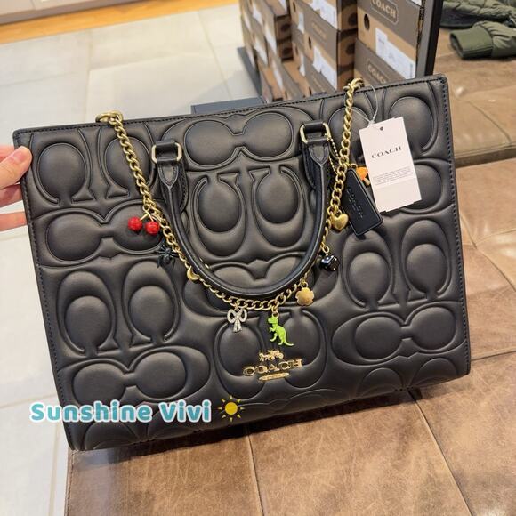 NWT Coach Bundle Large Maggie Tote Bag Blocked CY672 Black & CCD30 Long Chain - Picture 4 of 16